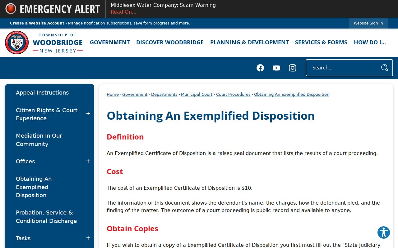 Woodbridge criminal history exemplified disposition request instructions