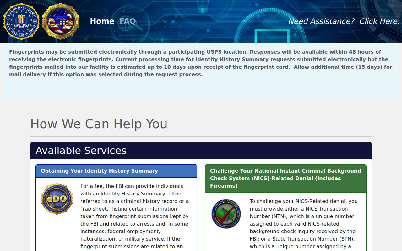 Middlesex County criminal history self-review through the FBI identity summary portal