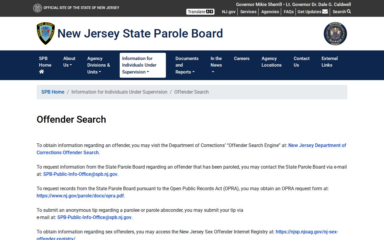 Middlesex County sex offender check reference showing New Jersey parole status access channels